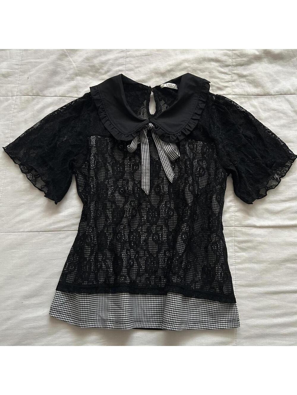 Axes Femme black lace overlay top with a Peter Pan collar
